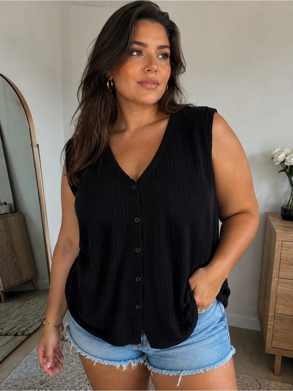 Victoria Harbour Black Ribbed Button Front Sweater Vest XL
